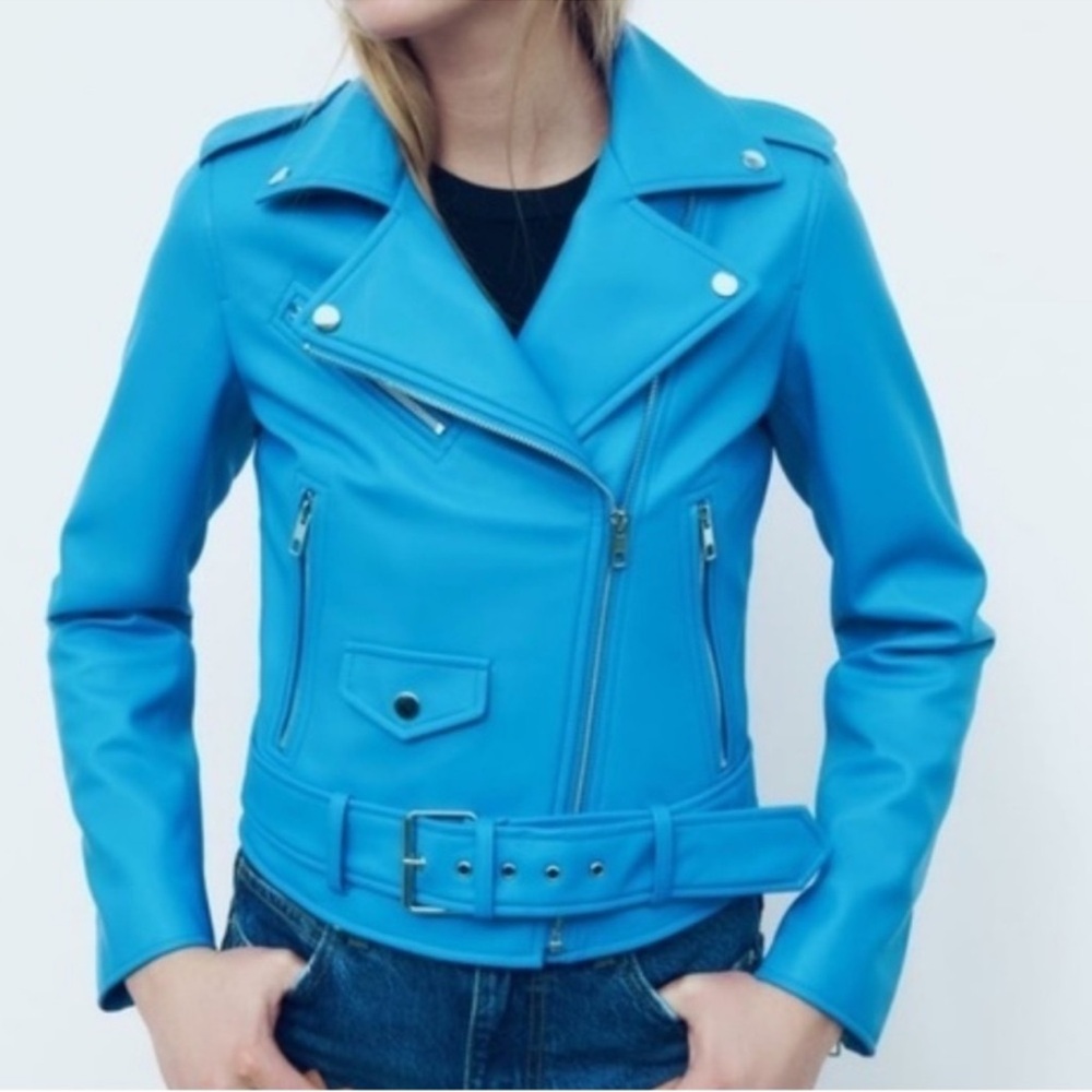 ZARA Faux Leather Blue Moto Jacket XS Biker Blogger Favorite TikTok Style - Picture 15 of 15